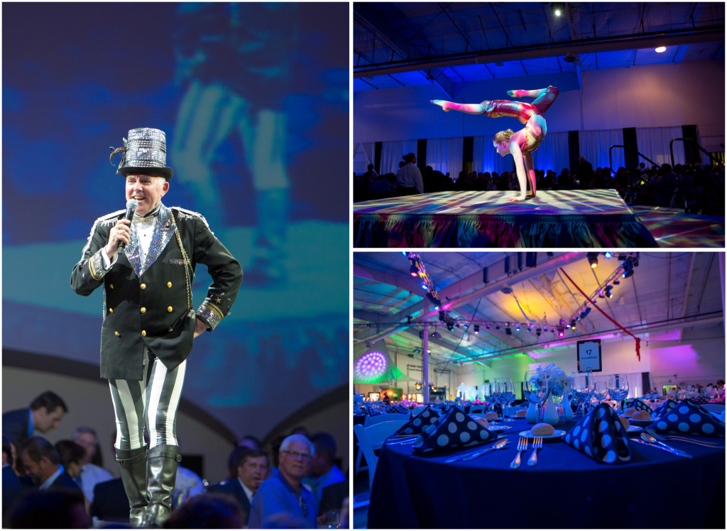 Collage of 2013 Annual APU Gala, including ringleader, gymnast and table decor.