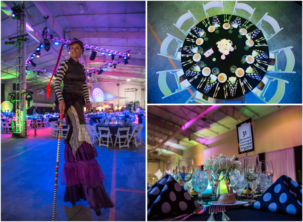 Collage of 2013 Annual APU Gala, including woman on stilts and table decor.