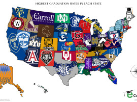 USA map of accredited colleges and universities with highest graduation rates by state.