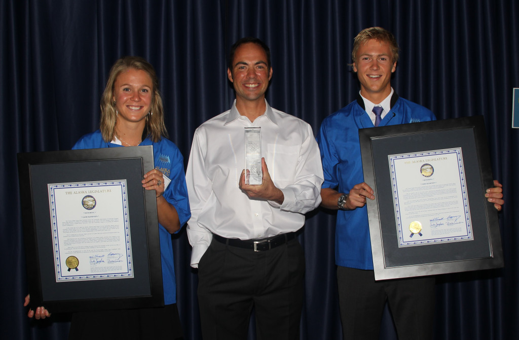 APUNSC Head Coach Erika Flora receives U.S. Ski and Snowboard Association’s 2013 Coach of the Year and International Coach of the Year, while APU Nordic skiiers Sadie and Erik Bjornsen receive citations for their participation in the 2014 Winter Olympic Games in Sochi. Photo by Matthew Waliszek.