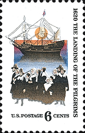Landing of the Pilgrims – 350th Anniversary U.S. postage stamp issued November 21, 1970.