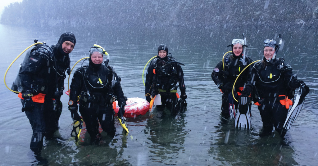 Eloise Brown and students on a scientific dive while snowing.