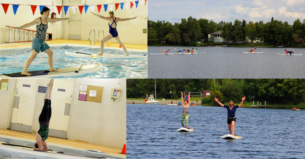 Scenes of APU Students doing yoga on paddle boards in the pool and on lakes.