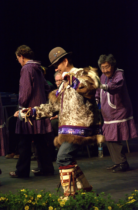 Alaska Native dancers performing during Spring 2017 APU Graduation Ceremony