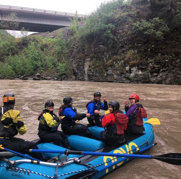 Rafting the Matanuska River near the highway bridge.
