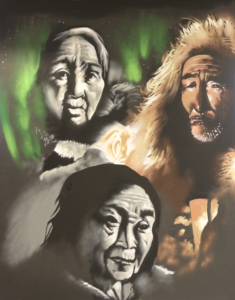 Panels showing tribal elders and northern lights.