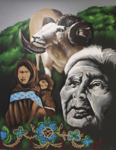 Panel representing Athabascans, with fishing and hunting activist Katie John dominating the scene. She's accompanied by a Dall sheep, a woman and child, and traditional beadwork.