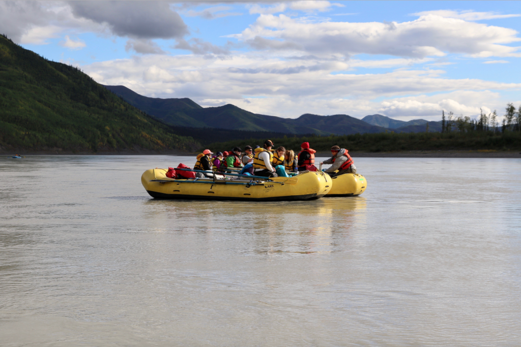 Two rafts together on the Yukon River.