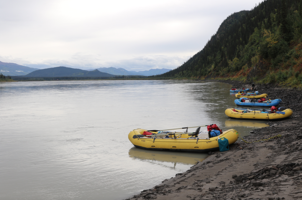 Several beached rafts along the Yukon River.