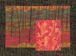 quilted wall hanging featuring trees, flaming leaves in foreground