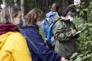 Students examine plants behind Grant Hall