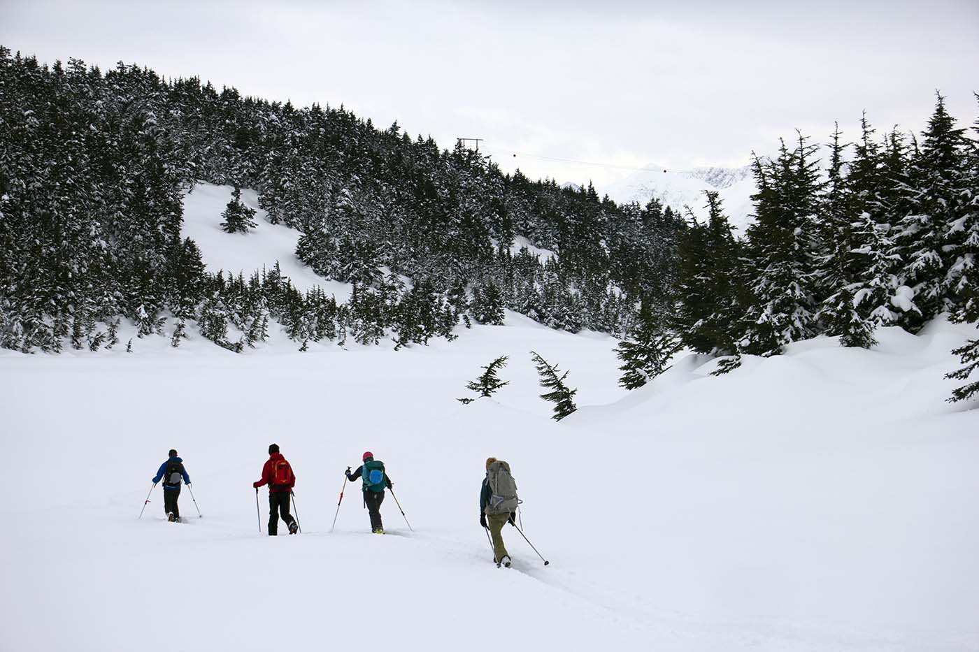 students backpacking in the winter