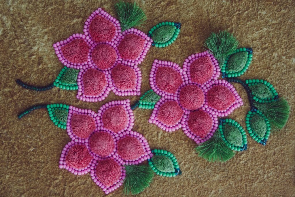 3 pink beadwork flowers