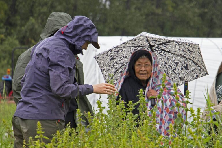 older native woman holding an umbrella