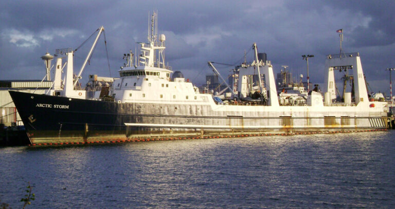 A large ship named "Arctic Storm" docked at a harbor, with a cloudy sky and industrial structures in the background.