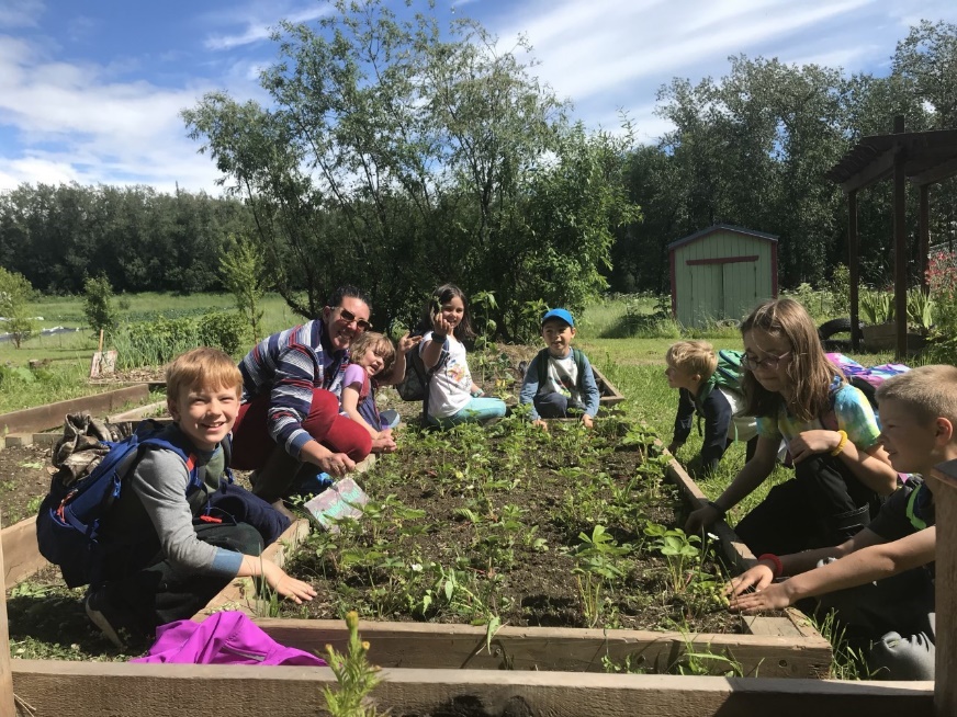 kids working at vegetable garden